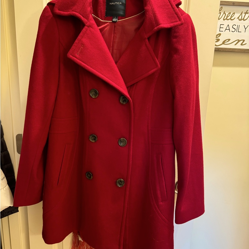 Red winter coat with hood